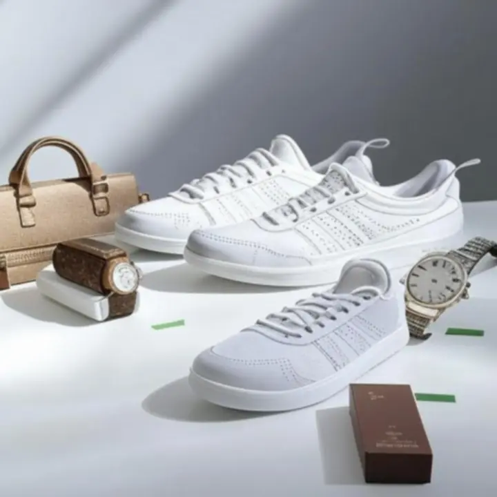 Kuratorowana kompozycja stylowych produktów modowych z oznaczeniami promocji